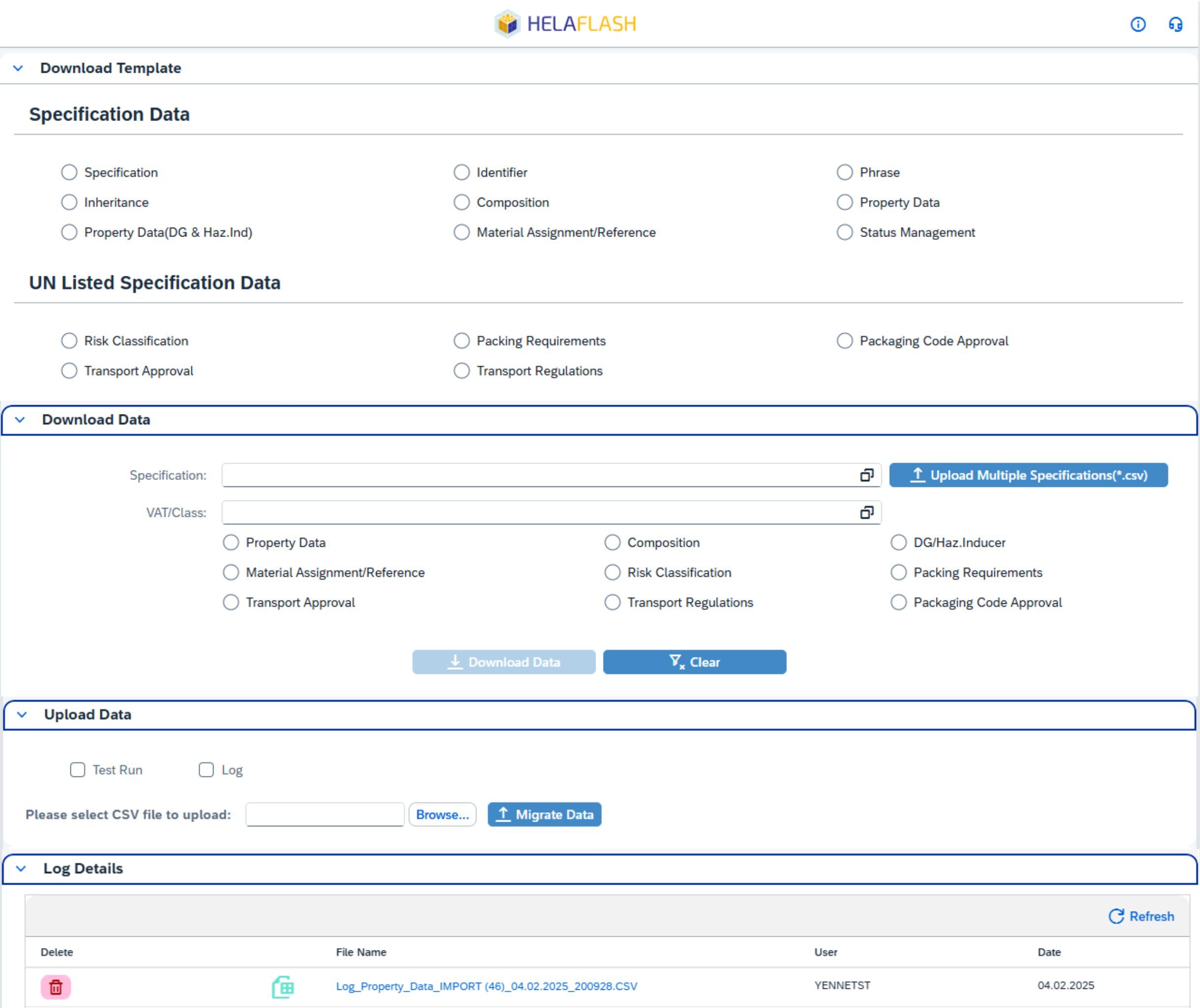 User interface of HELAFLASH software for EHS data migration with selection options for templates for chemical specification data, dangerous goods classification, packaging codes and CSV upload function; including log overview of completed data imports for efficient management of EHS-relevant information.