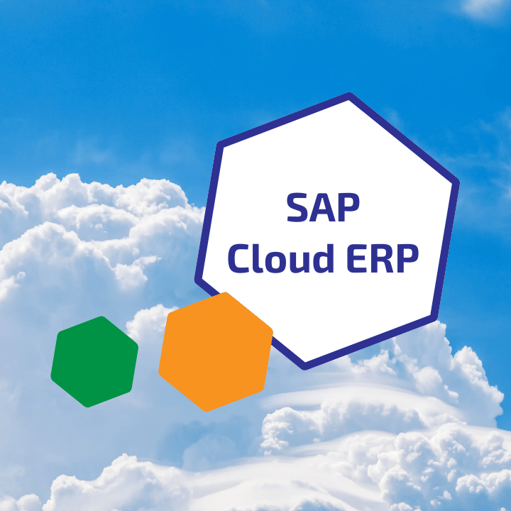 SAP Cloud ERP teaser graphic featuring white, green, and orange hexagons against a bright blue sky with clouds.