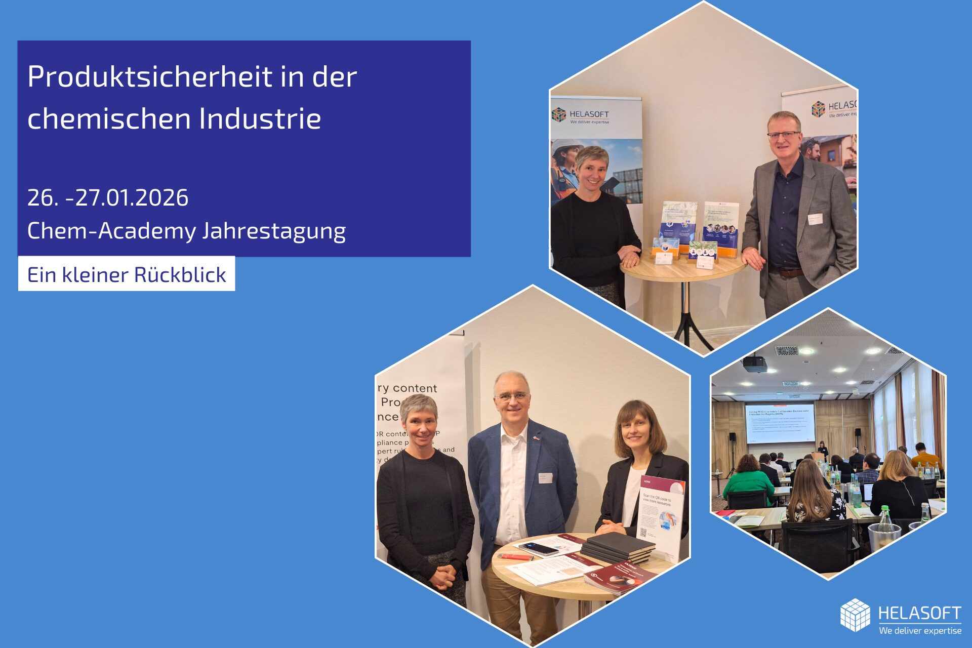 a collage of pictures showing Helasofts booth at the chemacademy conference as well as a picture of the presentations room and different attendees